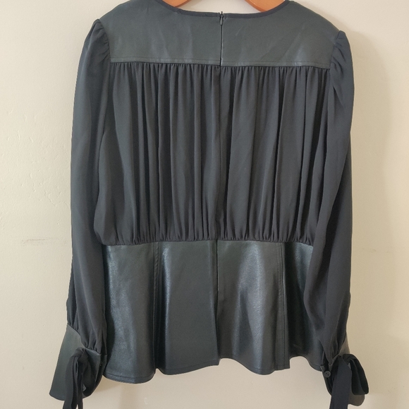 Gracia Black Peplum Chiffon Gathered Blouse With Faux Leather Accents. - Picture 8 of 9